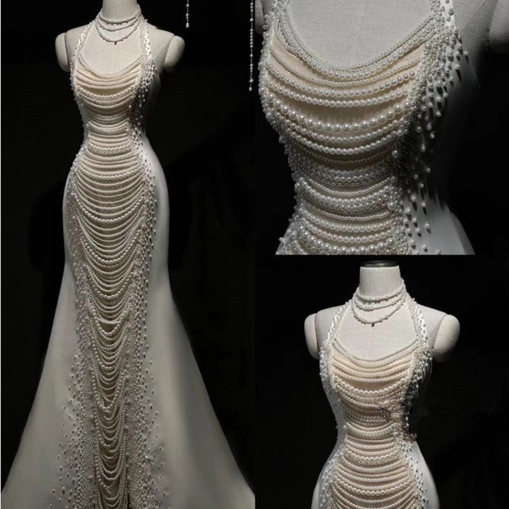 Pearl-Embellished Cream Gown